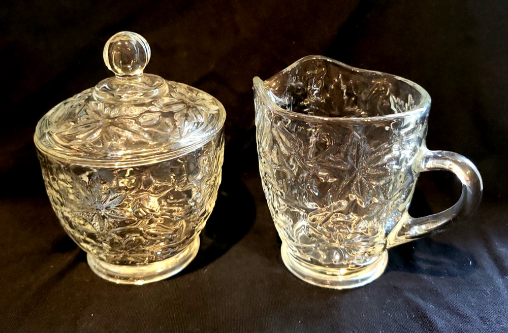 Princess House Vintage Glass Sugar Bowl and Creamer set - Poinsettia Design